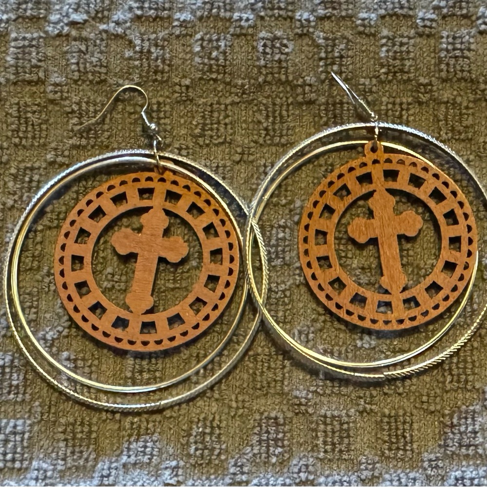 Silver & Brown Cross Hoop Earrings